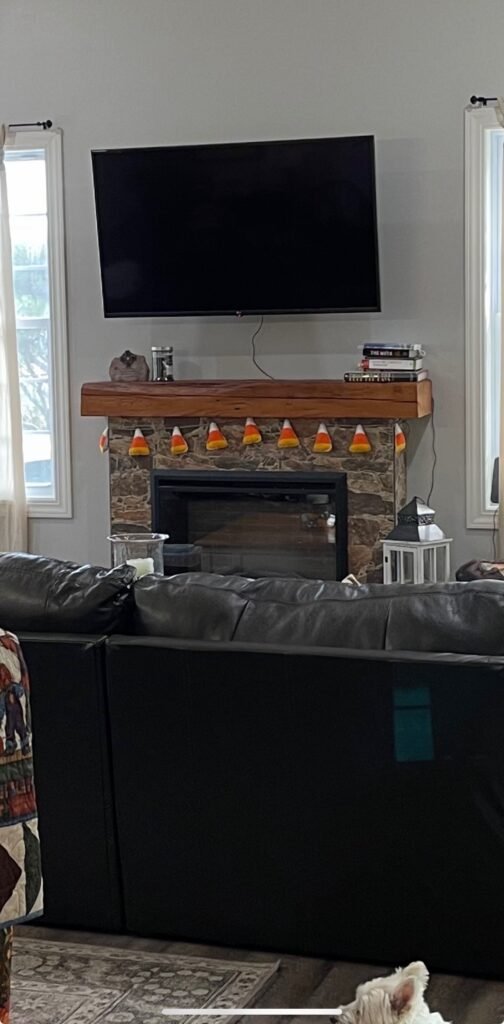Living room with wall-mounted TV above a wood fireplace mantel
