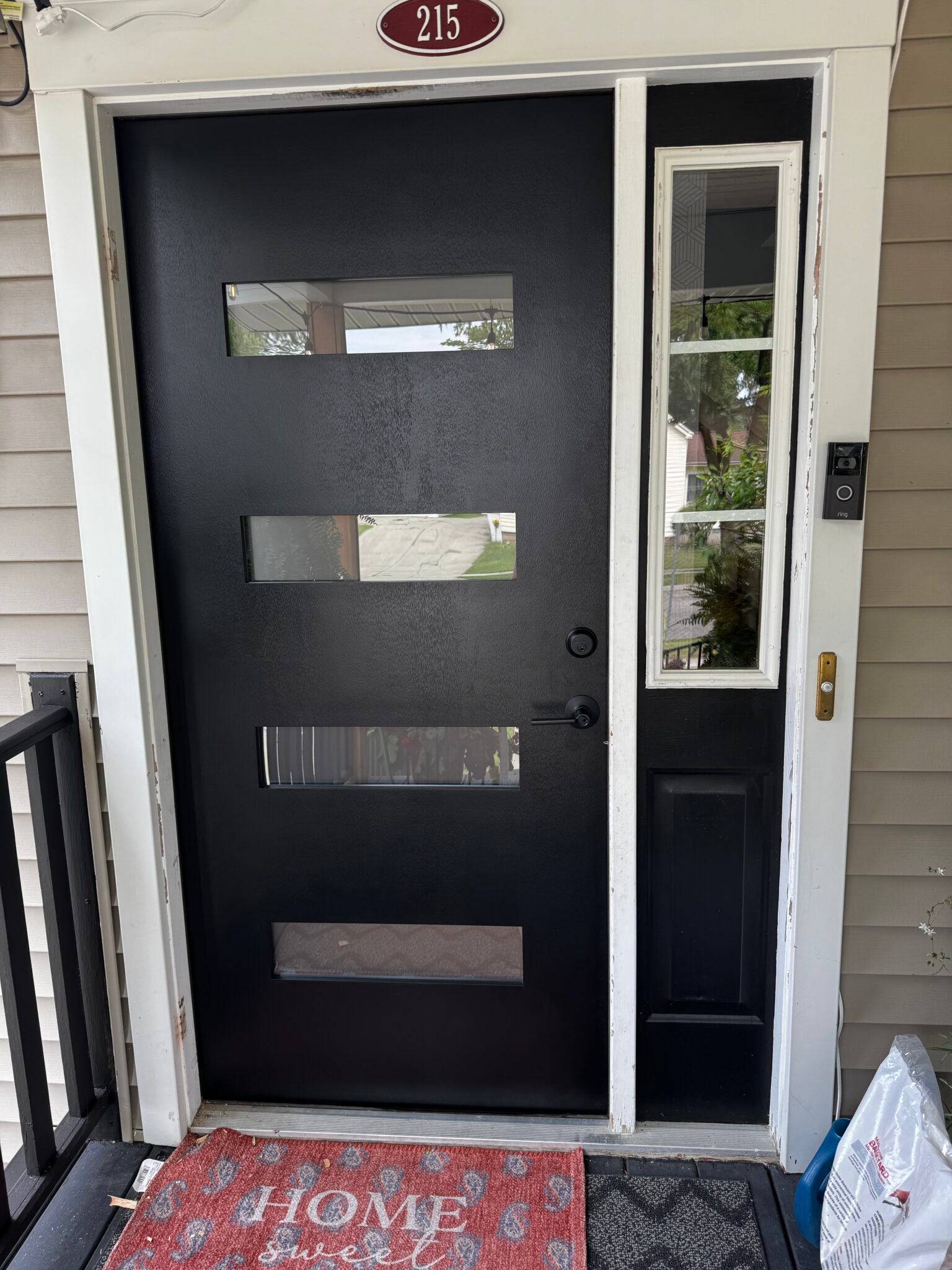 Modern black steel entry door with frosted glass panels and sidelight